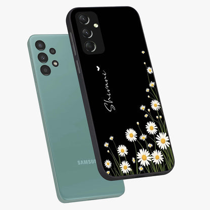 Daisy Cascade Custom Name Glass Case displayed in angled mockup highlighting delicate daisy artwork with custom name feature.
