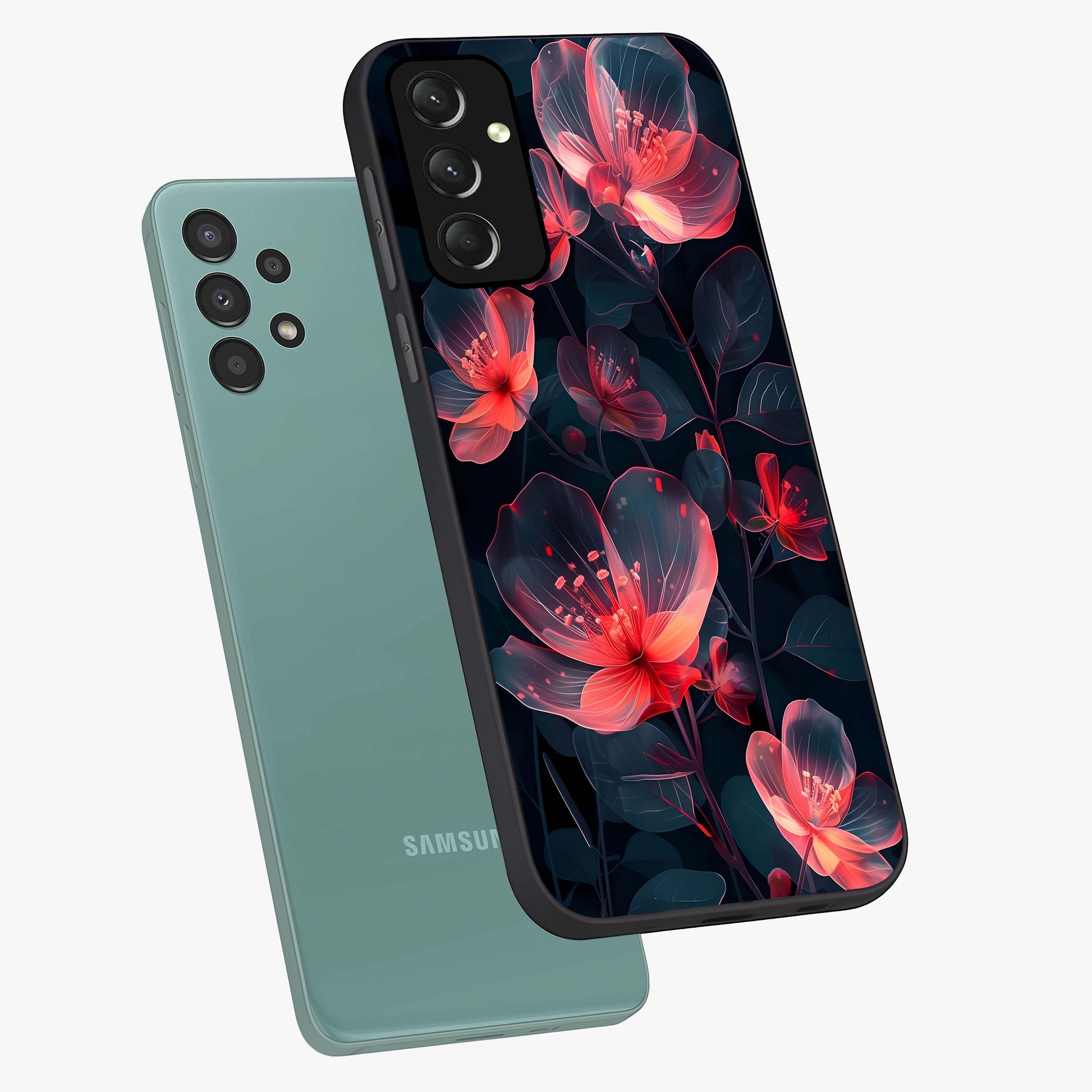 Dark Shade of Flower Glass Case displayed in angled mockup highlighting moody floral illustration with aesthetic dark tones.