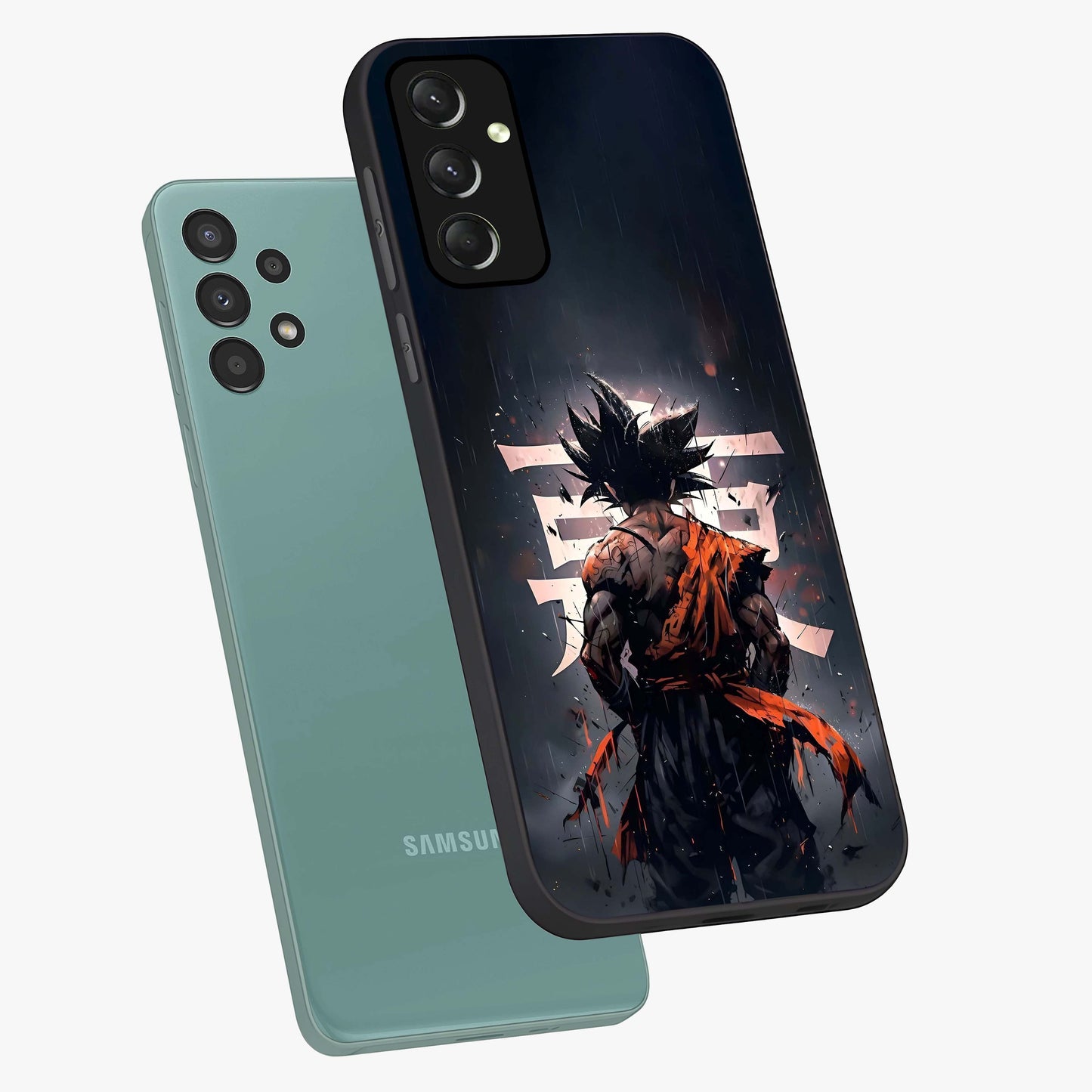 Dark Warrior In Rain Glass Case displayed in angled mockup highlighting dramatic warrior illustration with dark rain aesthetic.