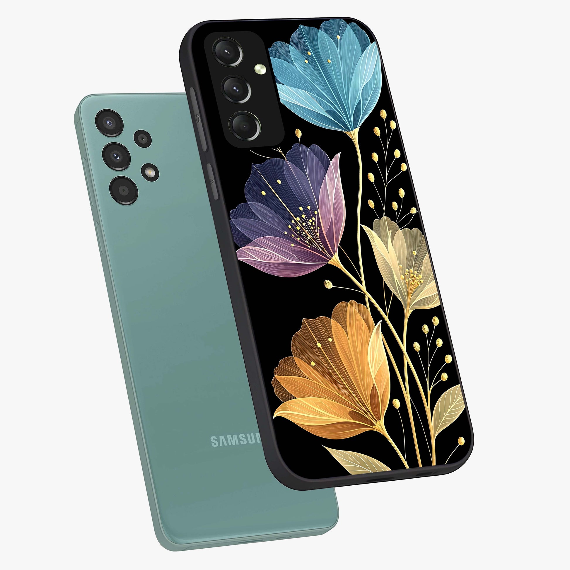 Delicate Multicolor Flowers Glass Case displayed in angled mockup highlighting colorful flower pattern with soft aesthetic style.