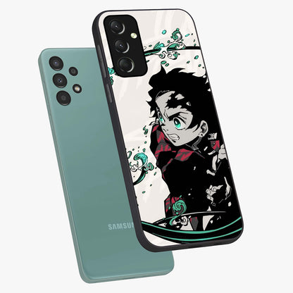 Demon Slayer Glass Case displayed in angled mockup highlighting dramatic anime character design with action aesthetic.