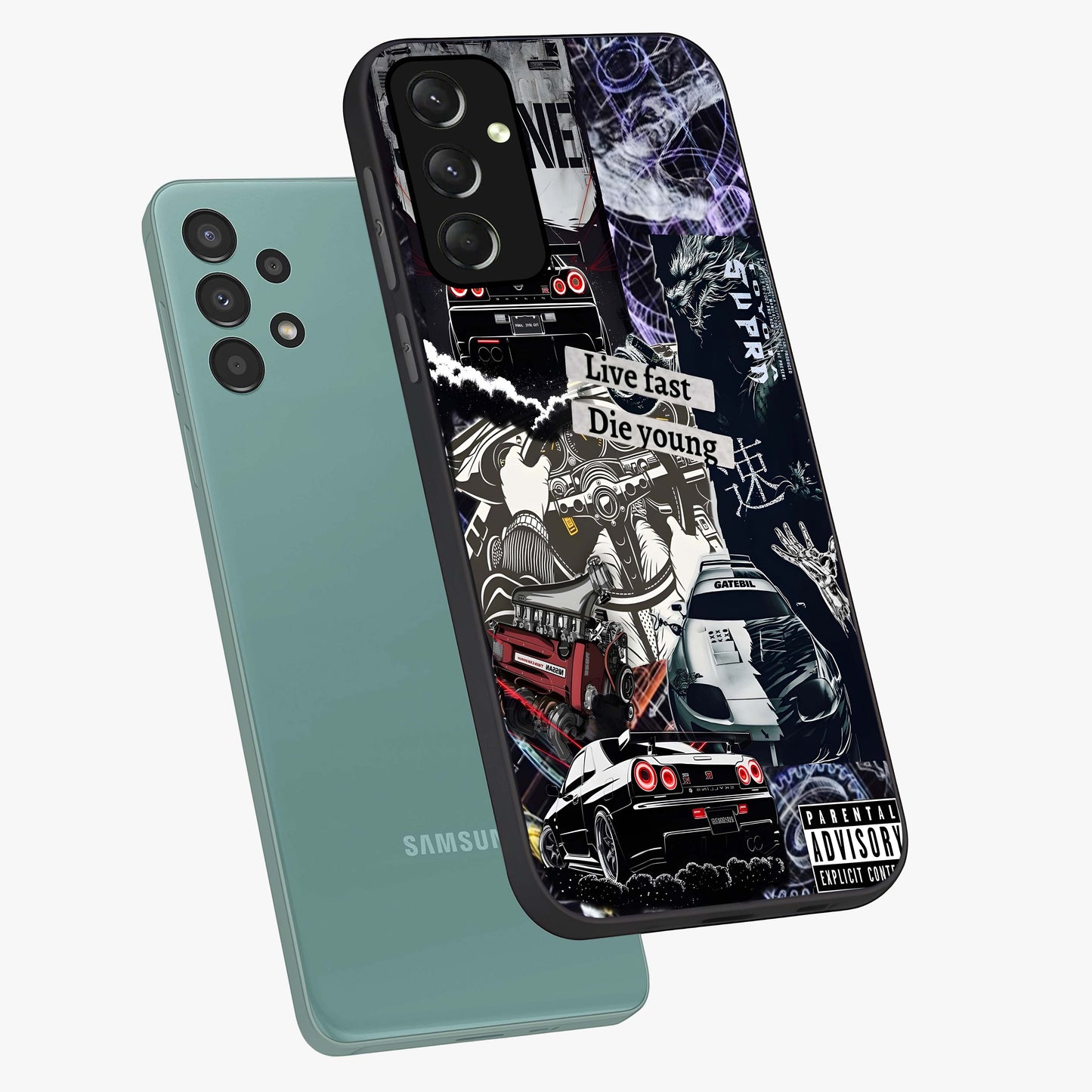 Die Young Glass Case displayed in angled mockup highlighting expressive graphic artwork with edgy aesthetic style.
