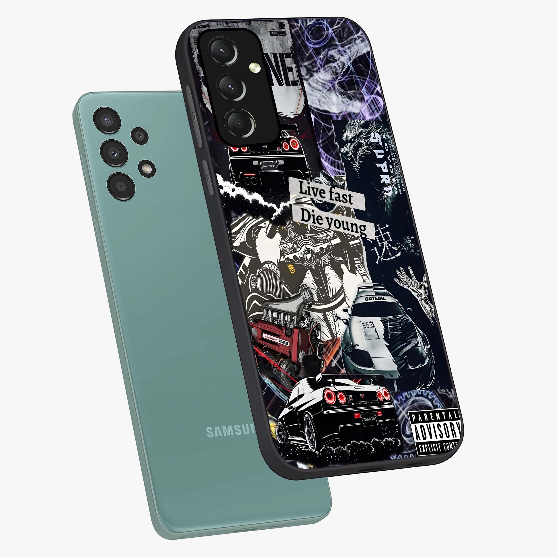 Die Young Glass Case displayed in angled mockup highlighting expressive graphic artwork with edgy aesthetic style.