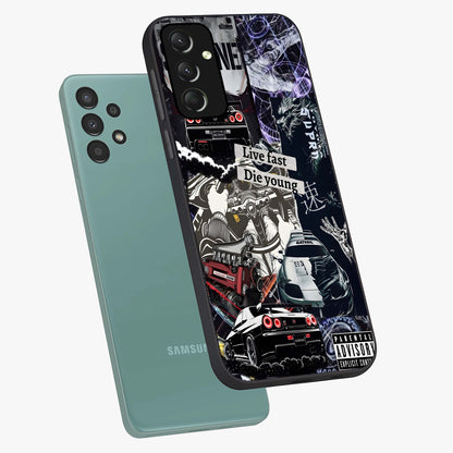 Die Young Glass Case displayed in angled mockup highlighting expressive graphic artwork with edgy aesthetic style.