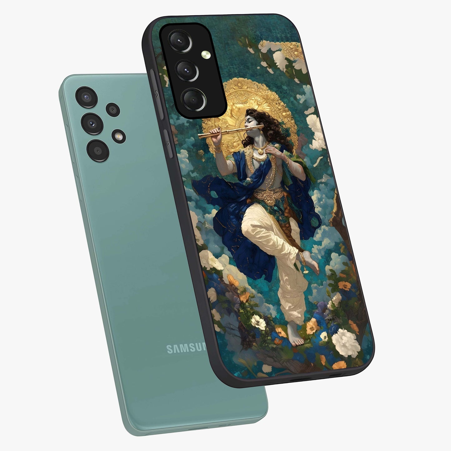 Divine Krishna Art Glass Case displayed in angled mockup highlighting spiritual Krishna illustration with devotional aesthetic.