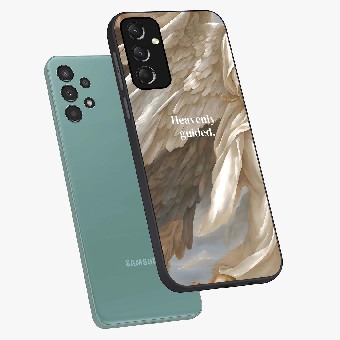 Divine Winged Grace Glass Case displayed in angled mockup highlighting graceful wing design with divine aesthetic style.