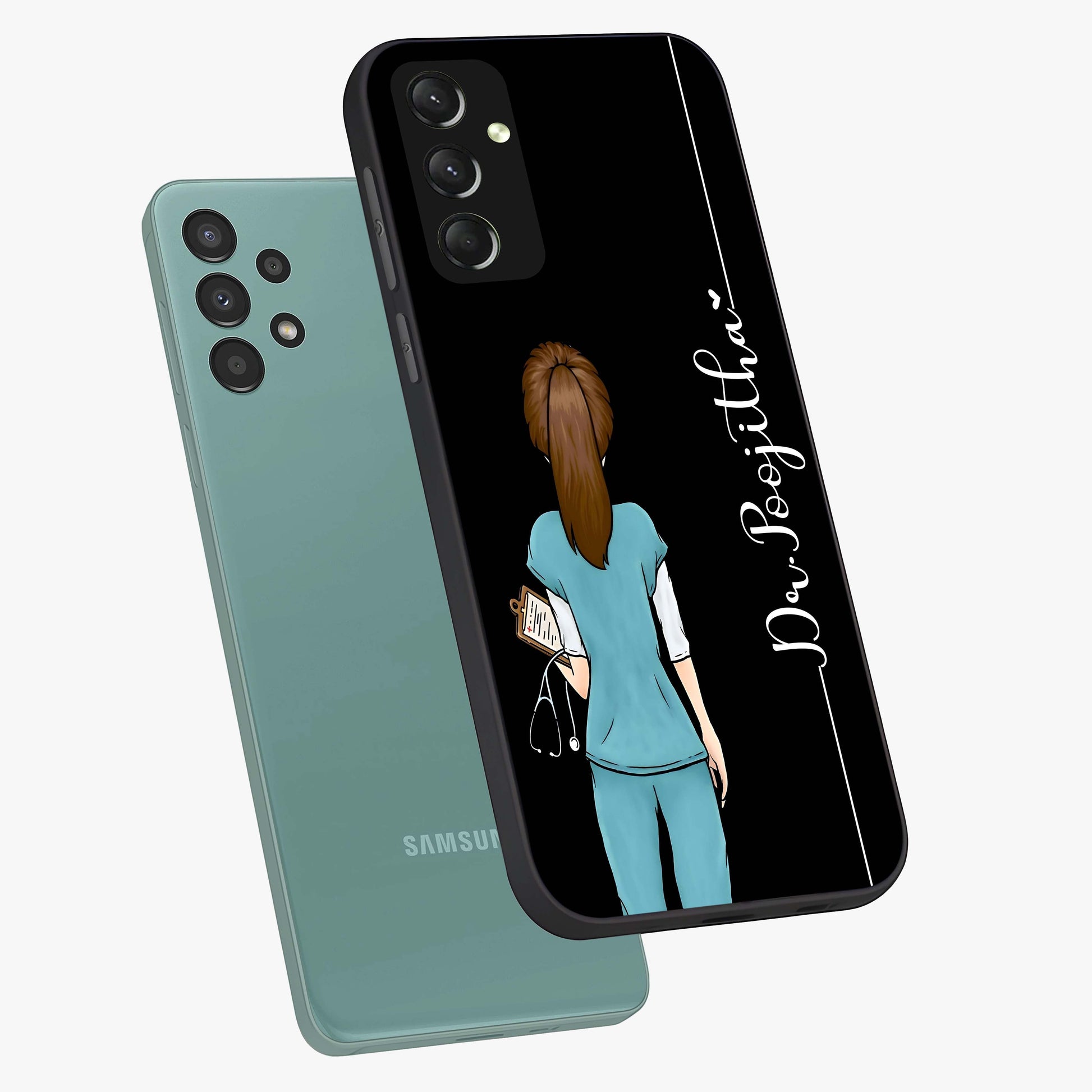 Doctor Pattern Custom Name Glass Case displayed in angled mockup highlighting doctor inspired artwork with custom name feature.