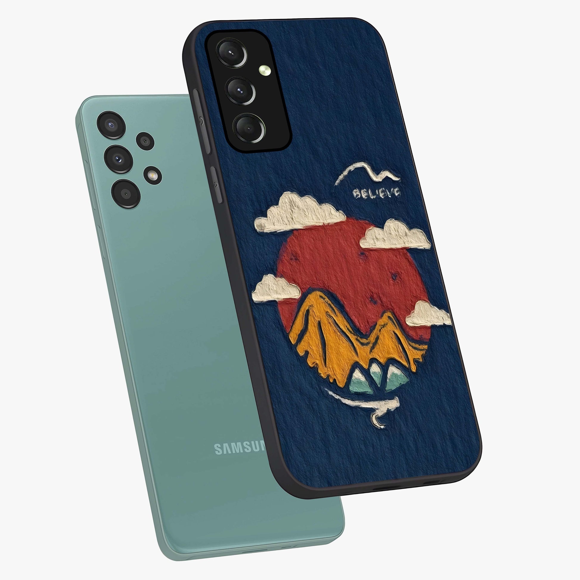 Dream Beyond Mountains Glass Case displayed in angled mockup highlighting dreamy mountain illustration with peaceful aesthetic.