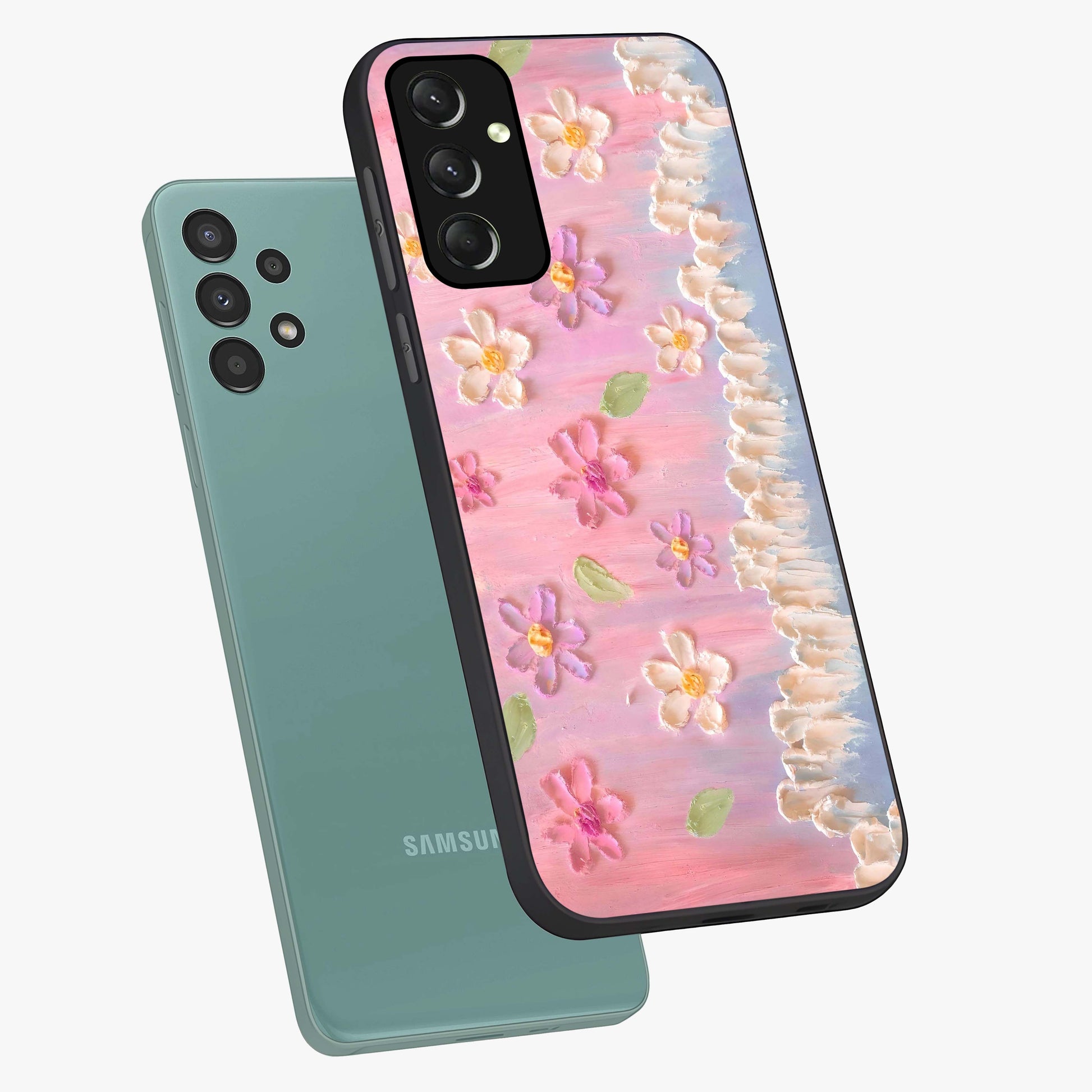 Dreamy Painted Garden Glass Case displayed in angled mockup highlighting colorful garden illustration with dreamy aesthetic style.