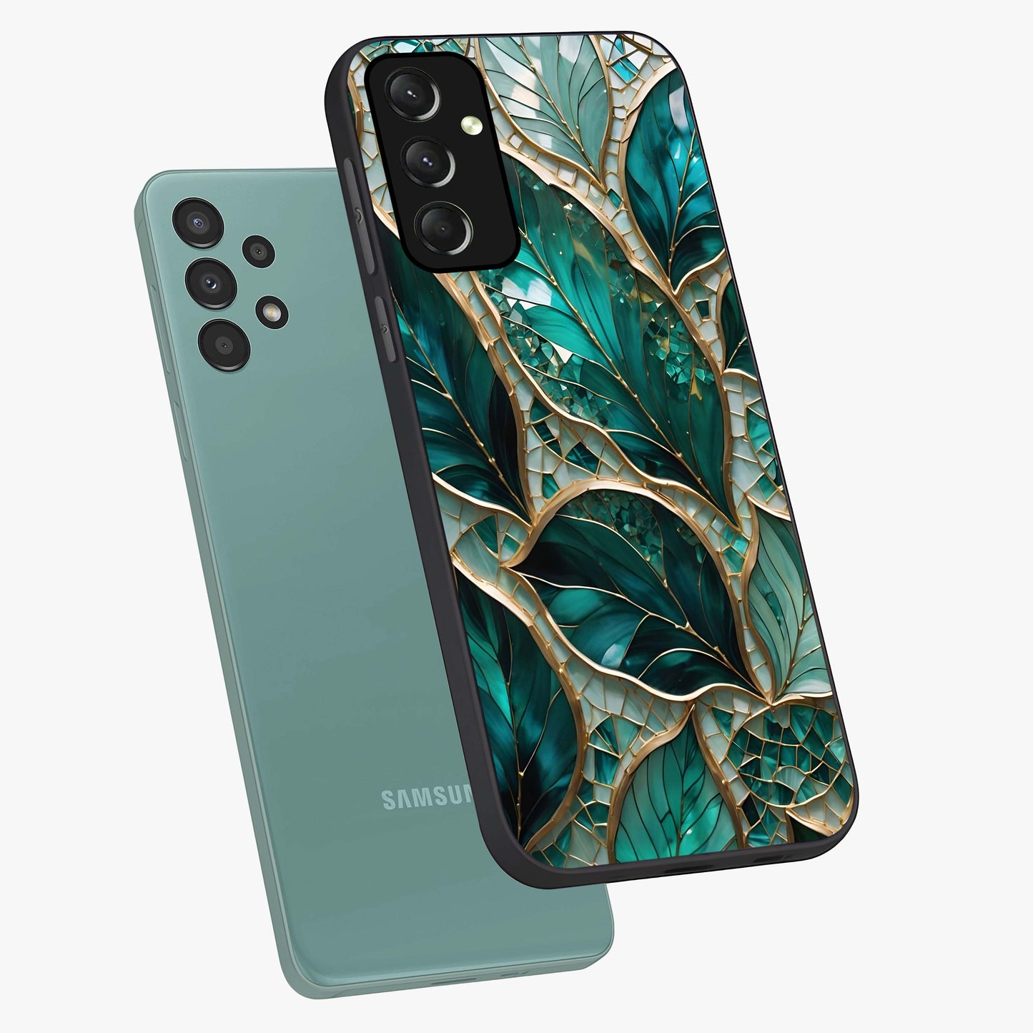 Emerald Leaf Glass Glass Case displayed in angled mockup highlighting botanical leaf illustration with elegant natural aesthetic.
