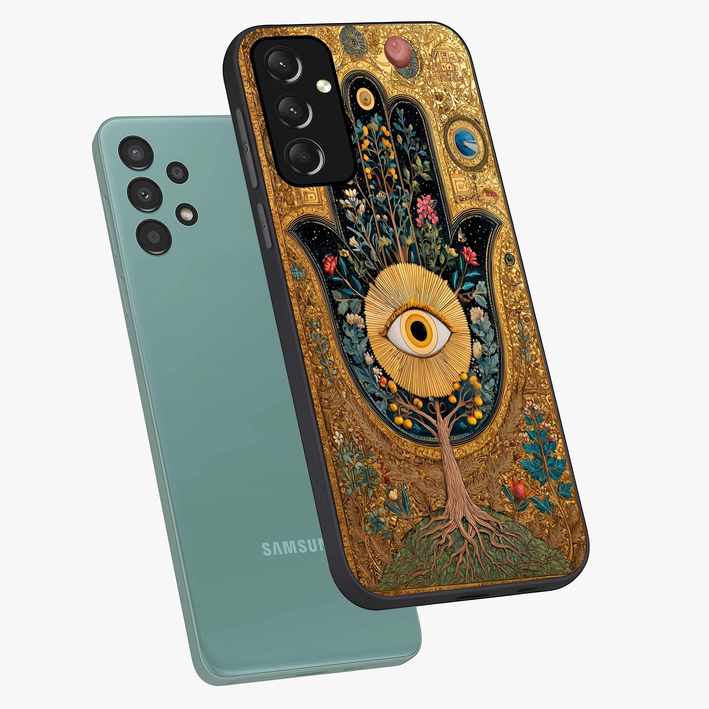 Ethereal Evil Eye Glass Case displayed in angled mockup highlighting protective evil eye symbol with spiritual aesthetic design.