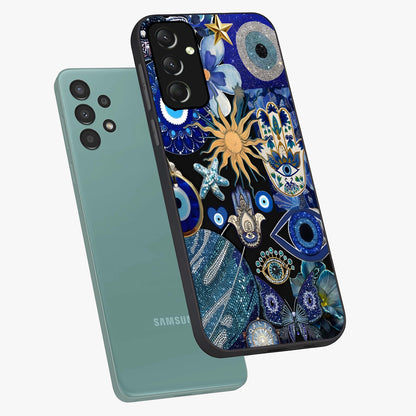 Evil Eye Charm Mix Glass Case displayed in angled mockup highlighting protective evil eye symbols with spiritual aesthetic design.