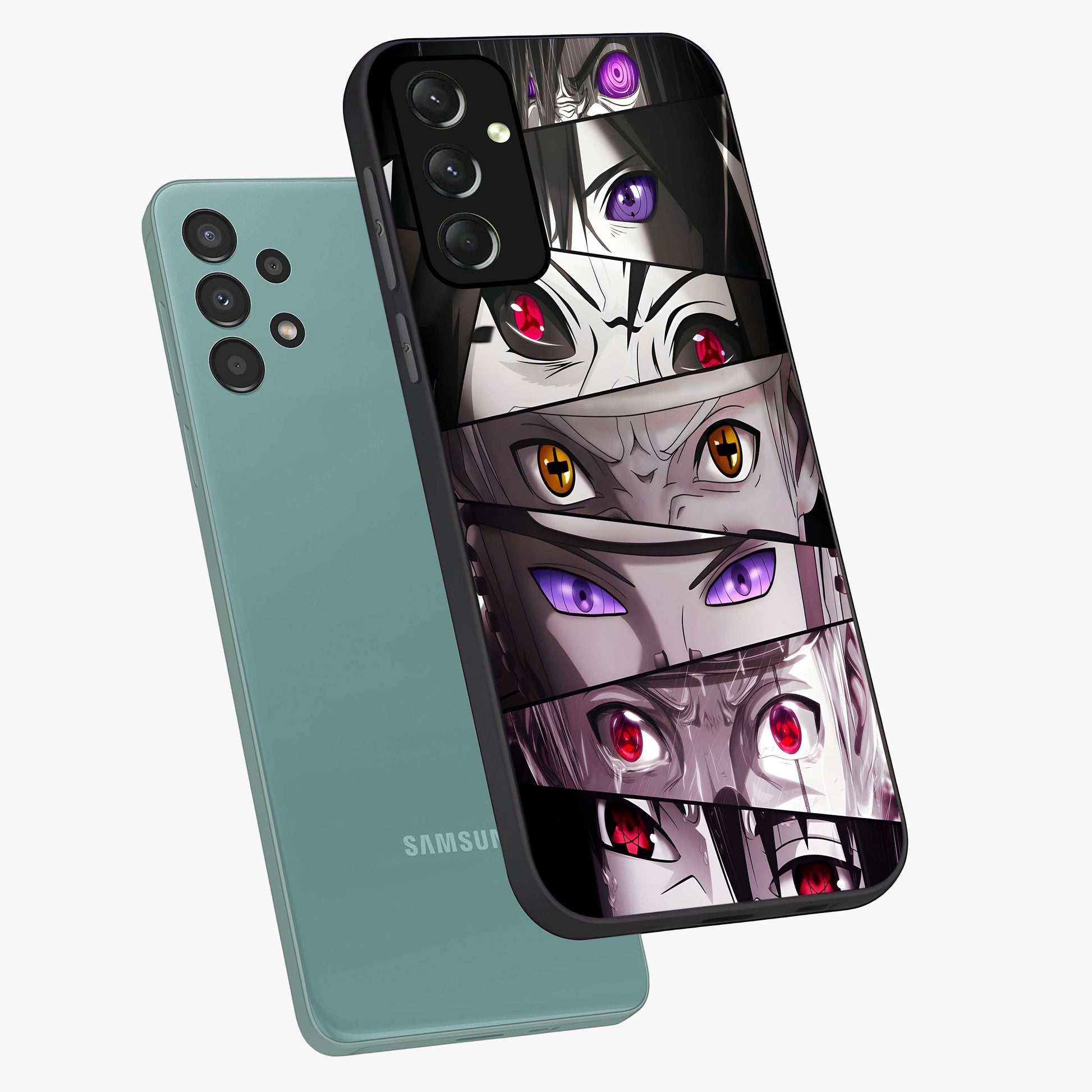 Eyes of Destiny Glass Case displayed in angled mockup highlighting bold eye illustration with mystical aesthetic style.