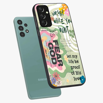 Faith Over Fear Glass Case displayed in angled mockup highlighting inspirational message design with modern aesthetic style.