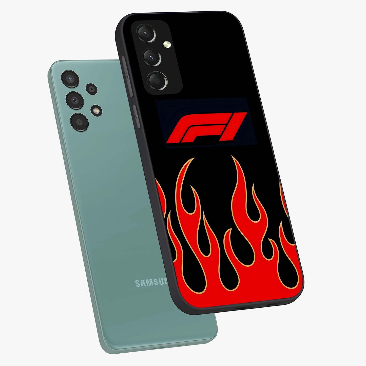Fire F11 Glass Case displayed in angled mockup highlighting bold fire inspired graphic with energetic aesthetic style.