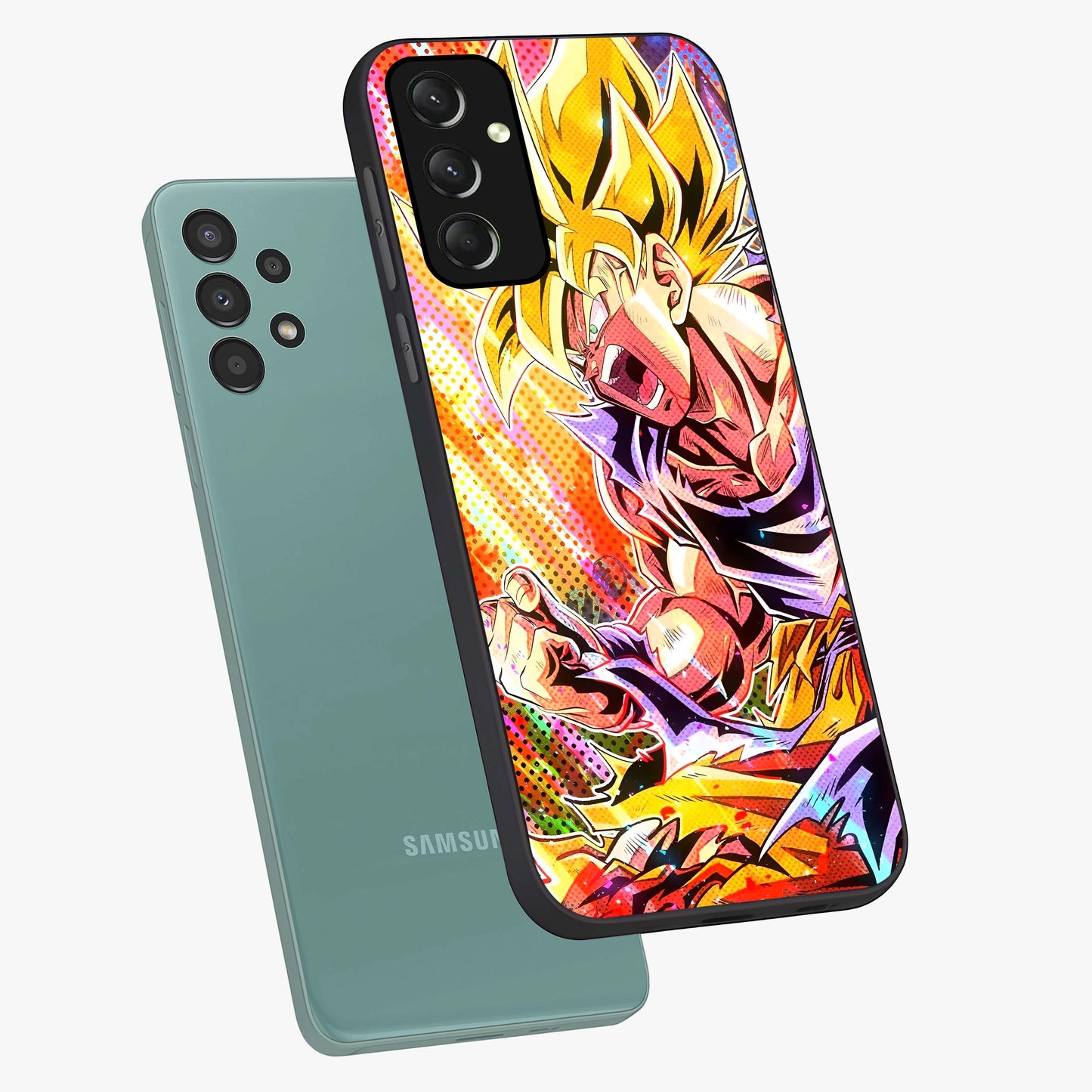 Firing Goku Glass Case displayed in angled mockup highlighting dynamic anime character design with action aesthetic.
