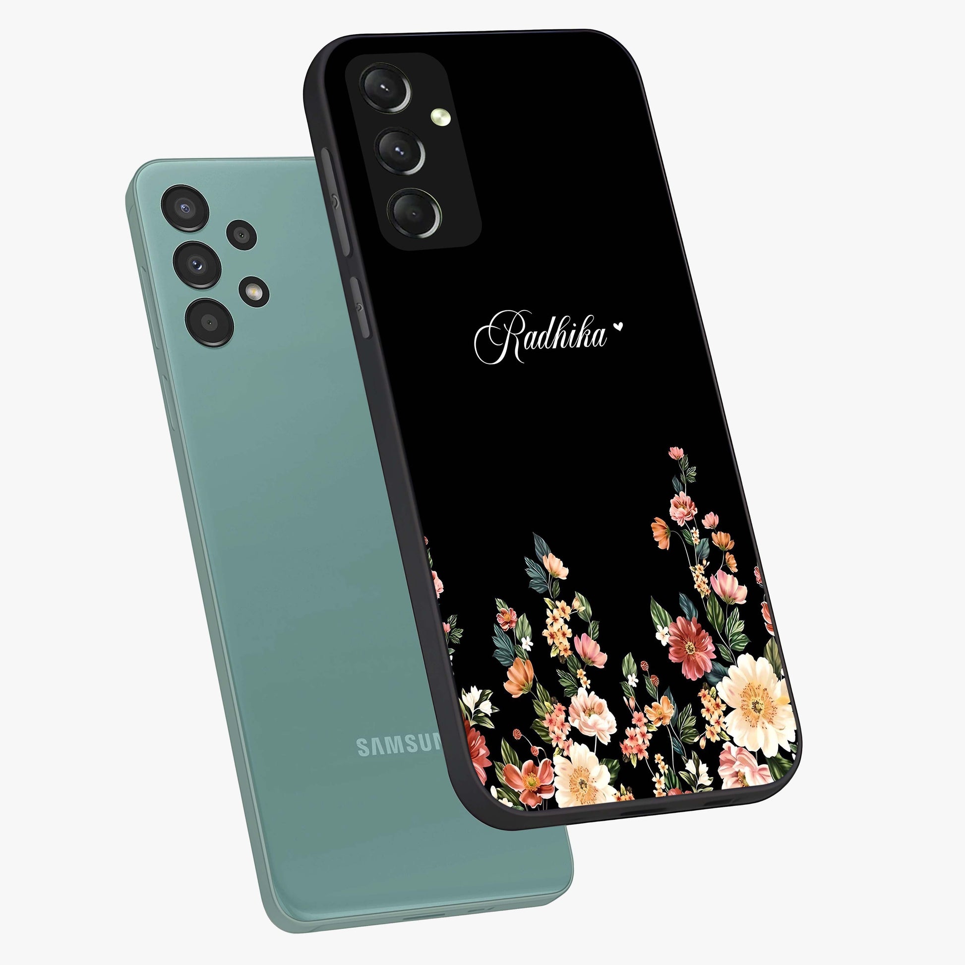 Floral Design With a Custom Personalized Name Glass Case displayed in angled mockup highlighting elegant floral pattern with custom name feature.