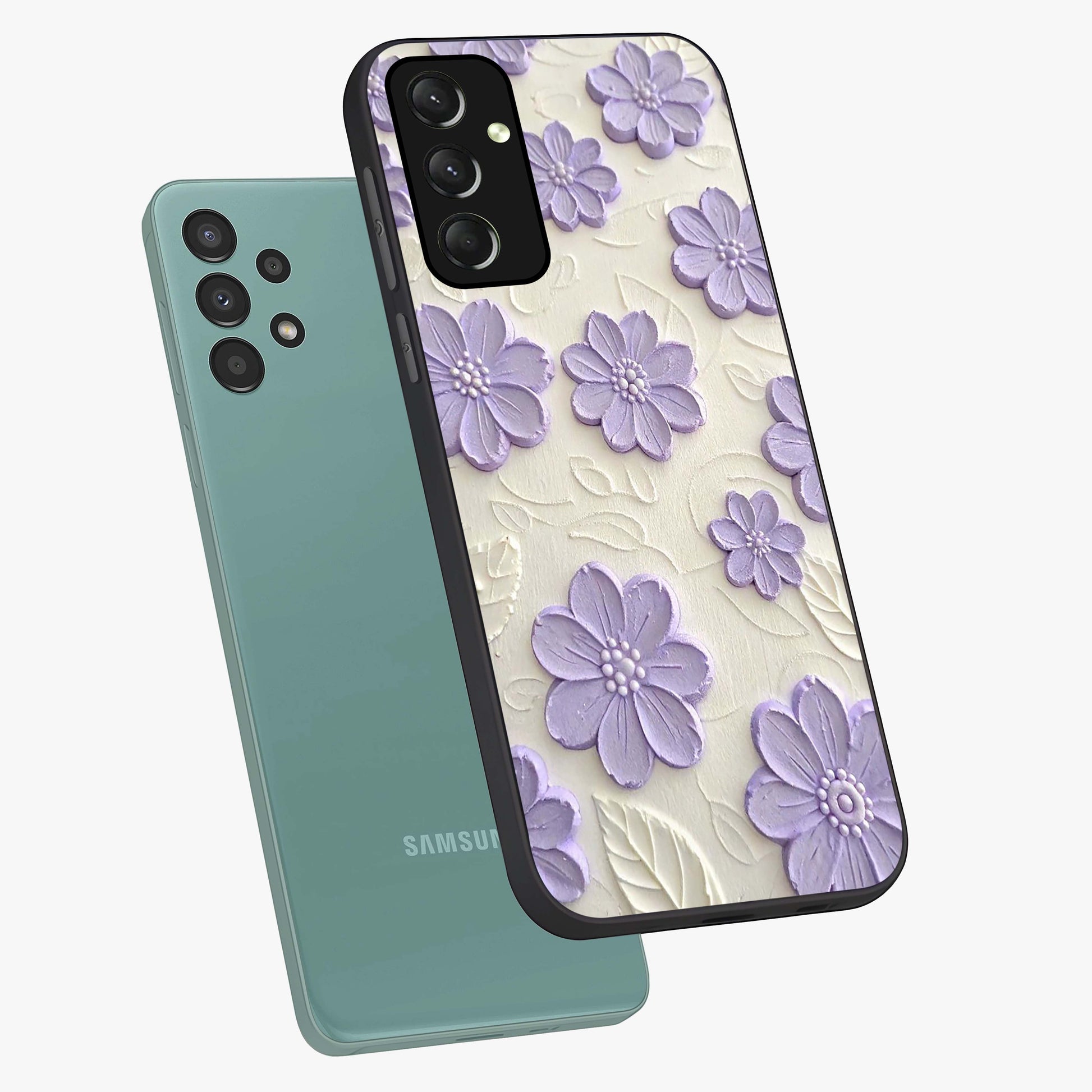 Floral Wall Art With Purple Flowers Glass Case displayed in angled mockup highlighting vibrant purple floral illustration with artistic aesthetic.