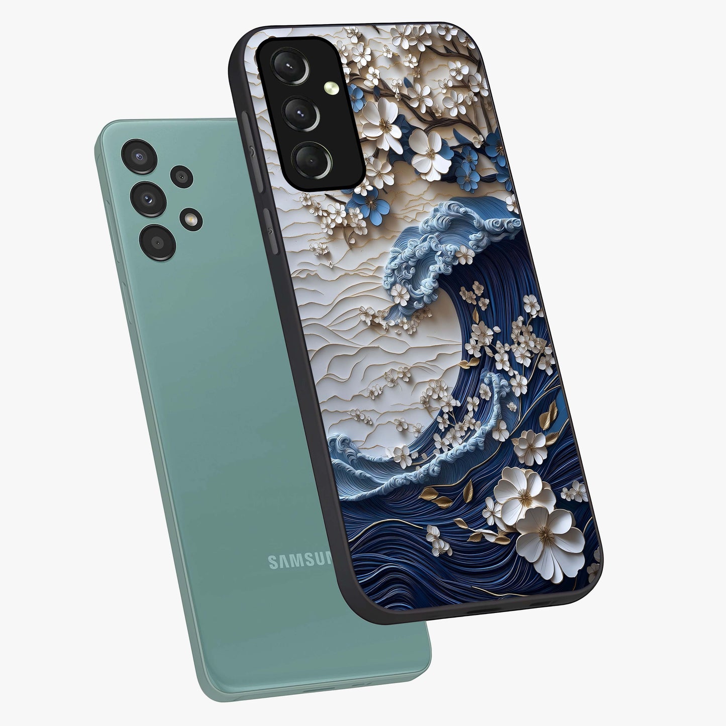 Floral Wave Origami Glass Case displayed in angled mockup highlighting geometric origami flower design with modern aesthetic style.