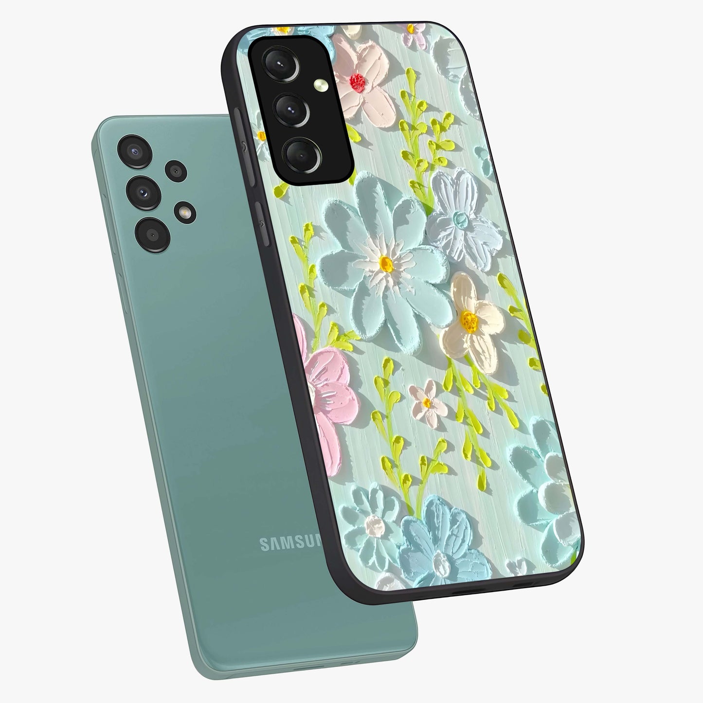 Frosted Petal Garden Glass Case displayed in angled mockup highlighting delicate flower petal design with calm garden aesthetic.