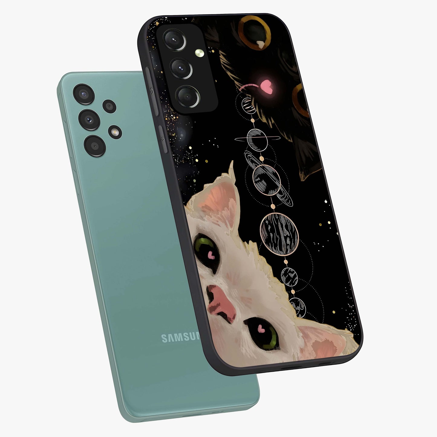 Galactic Cat Glass Case displayed in angled mockup highlighting celestial feline illustration with galaxy aesthetic style.