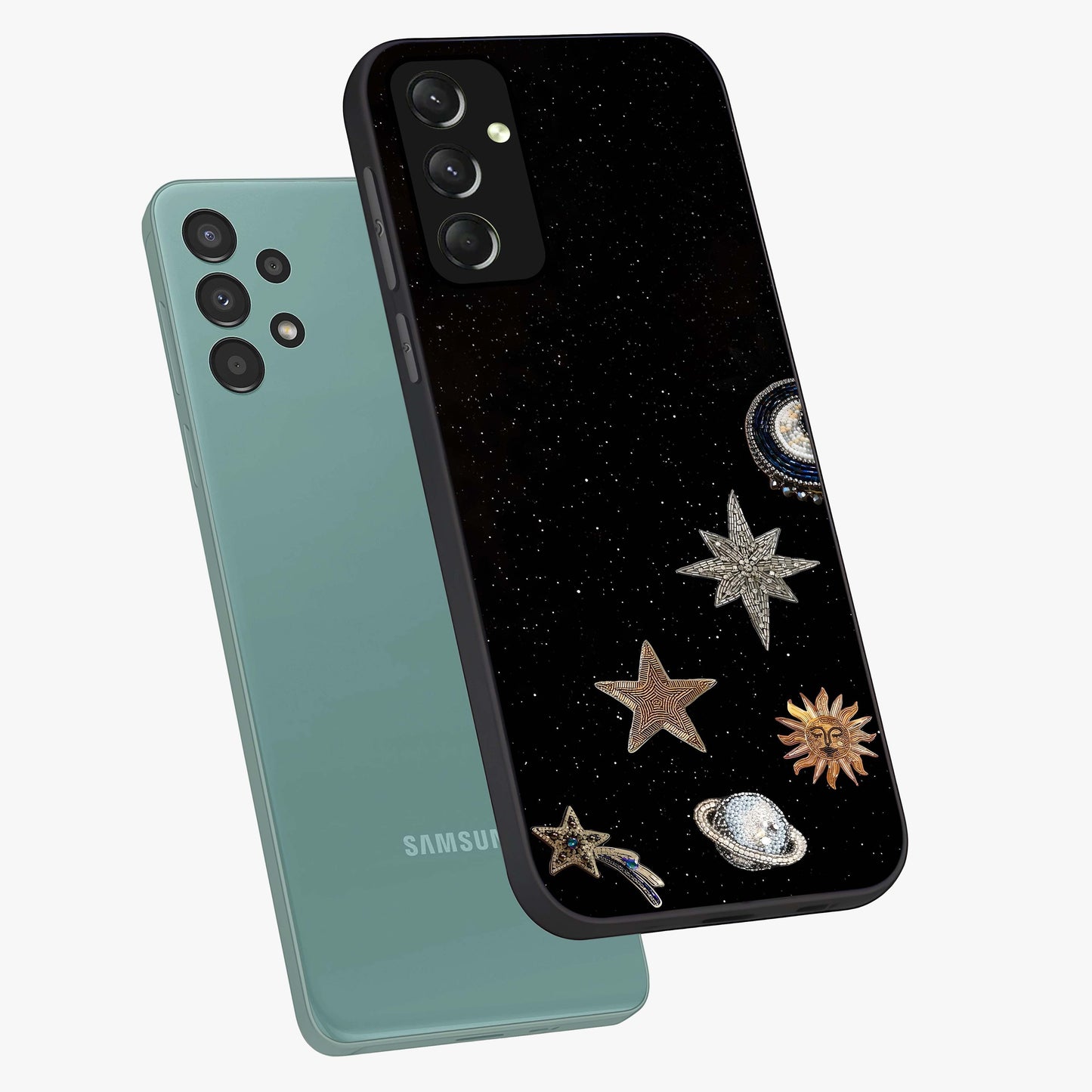 Galactic Charm Glow Glass Case displayed in angled mockup highlighting luminous galaxy inspired design with dreamy aesthetic.