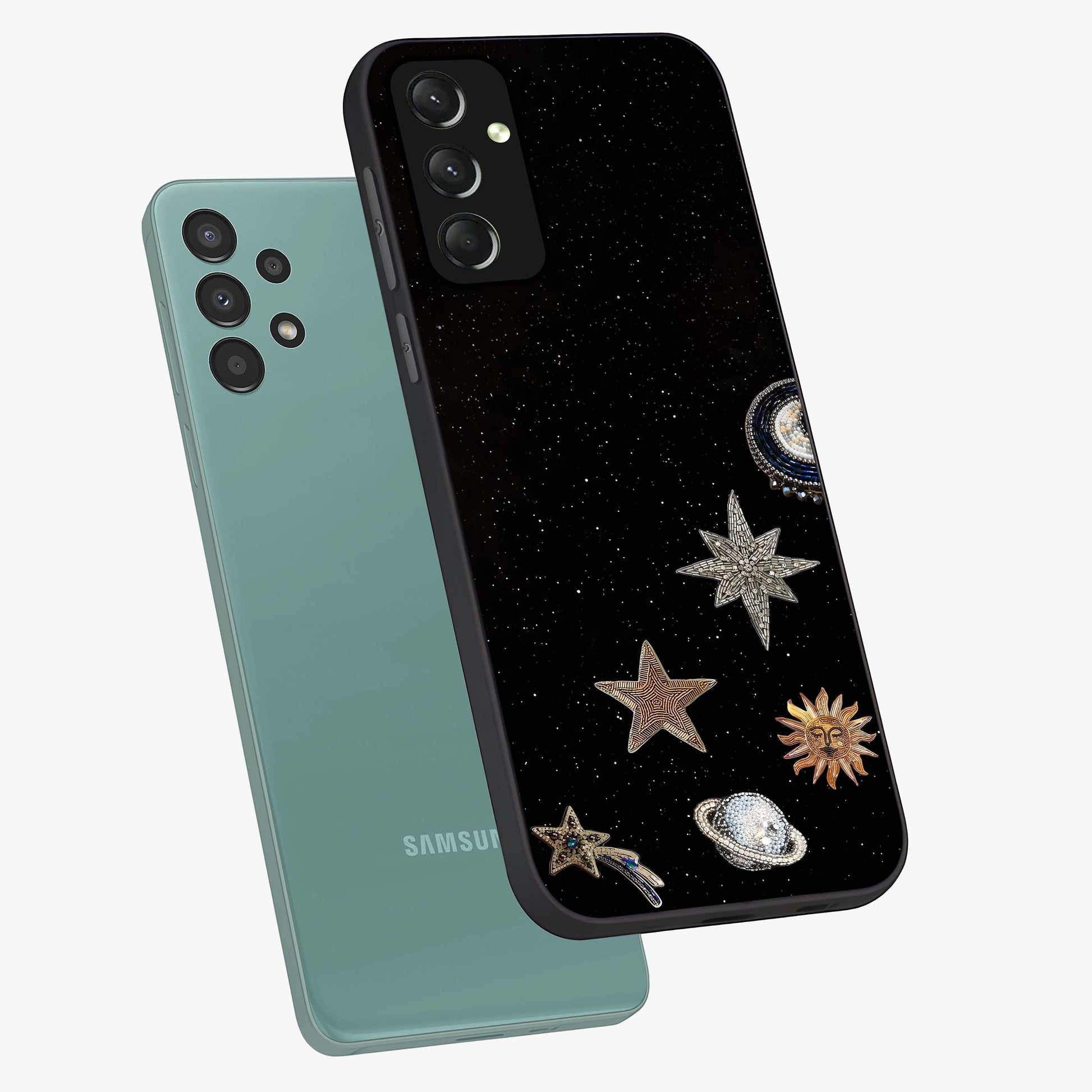 Galactic Charm Glow Glass Case displayed in angled mockup highlighting luminous galaxy inspired design with dreamy aesthetic.