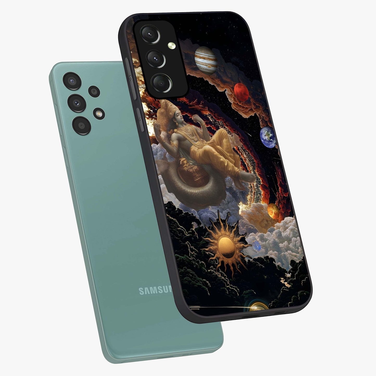 Galactic Divine God Glass Case displayed in angled mockup highlighting powerful celestial deity illustration with galactic aesthetic.