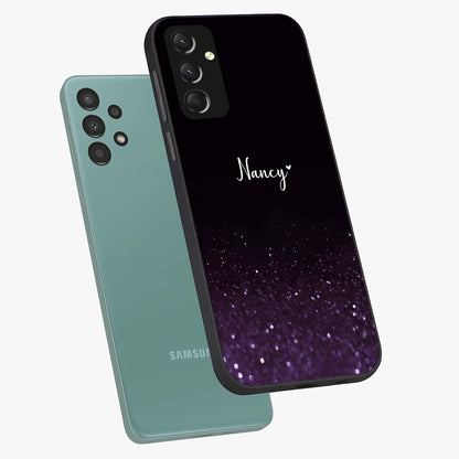 Glittery Purple Bokeh Custom Name Glass Case displayed in angled mockup highlighting glitter bokeh pattern with custom name feature.