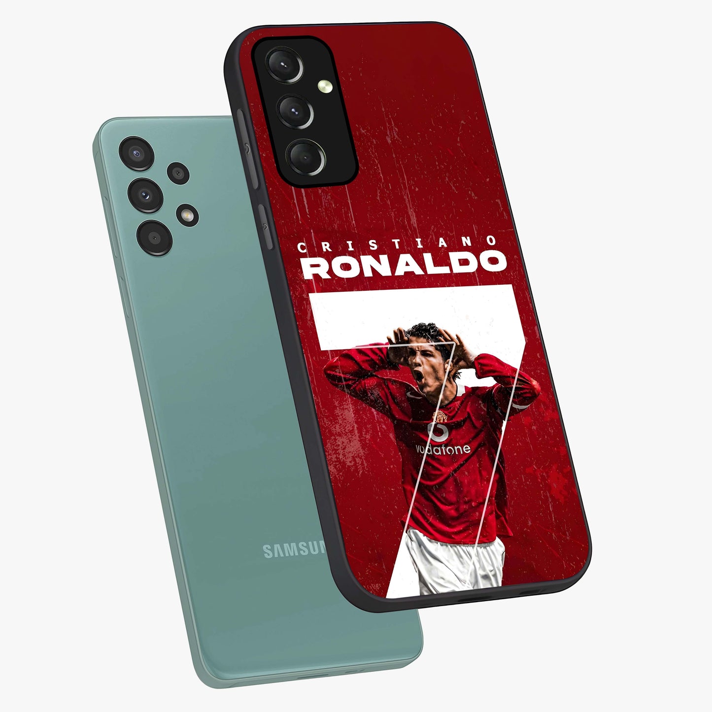 Goal Celebration Legacy Glass Case displayed in angled mockup highlighting energetic sports celebration design with bold athletic theme.