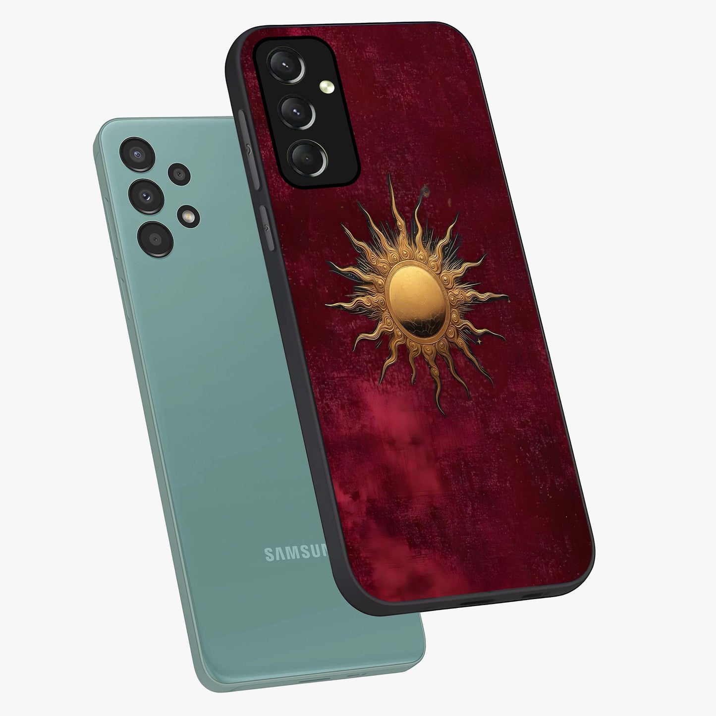 Golden Sun Minimalism Glass Case displayed in angled mockup highlighting clean sun symbol design with modern minimal aesthetic.
