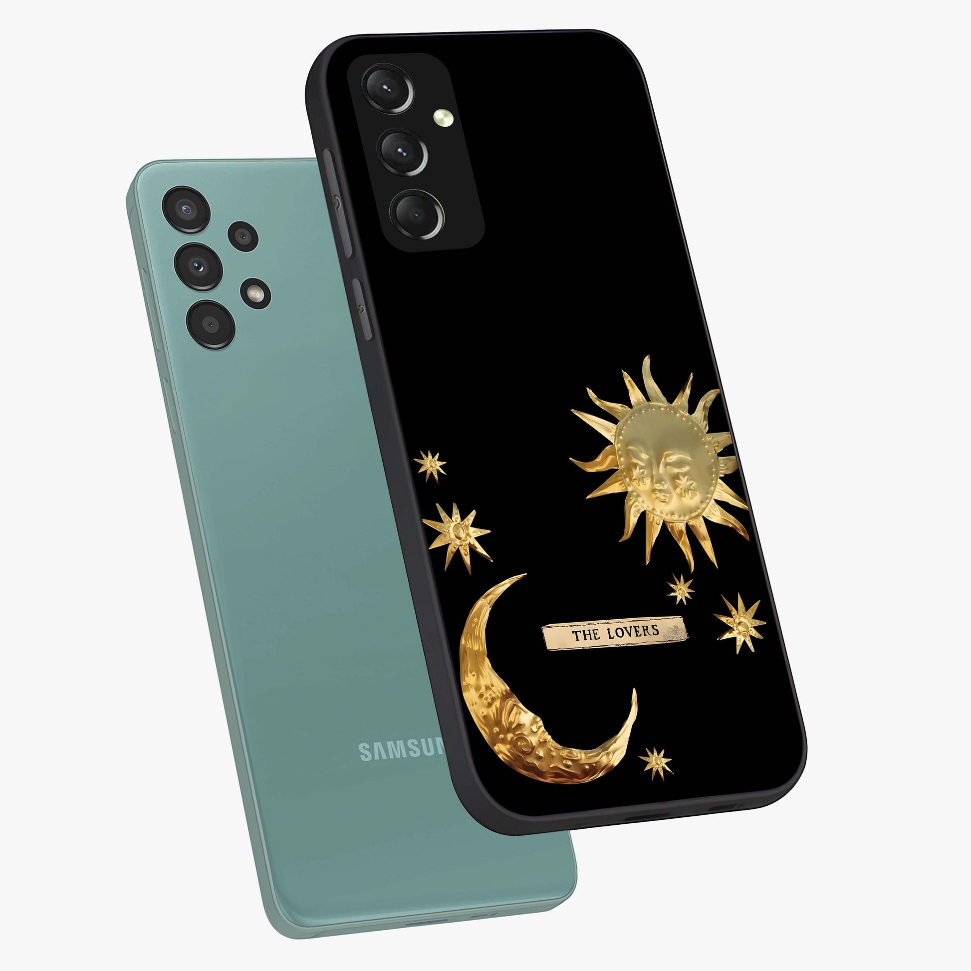 Gold Sun Blush Glass Case displayed in angled mockup highlighting radiant sun design with warm golden aesthetic.