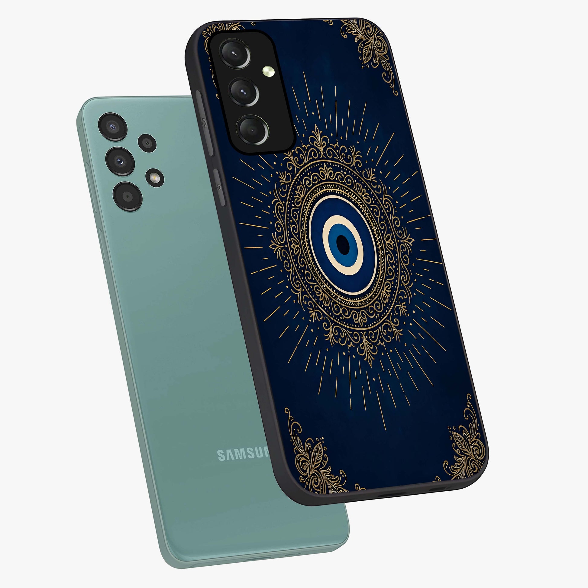 Golden Celestial Charm Glass Case displayed in angled mockup highlighting sparkling cosmic charm design with celestial aesthetic.