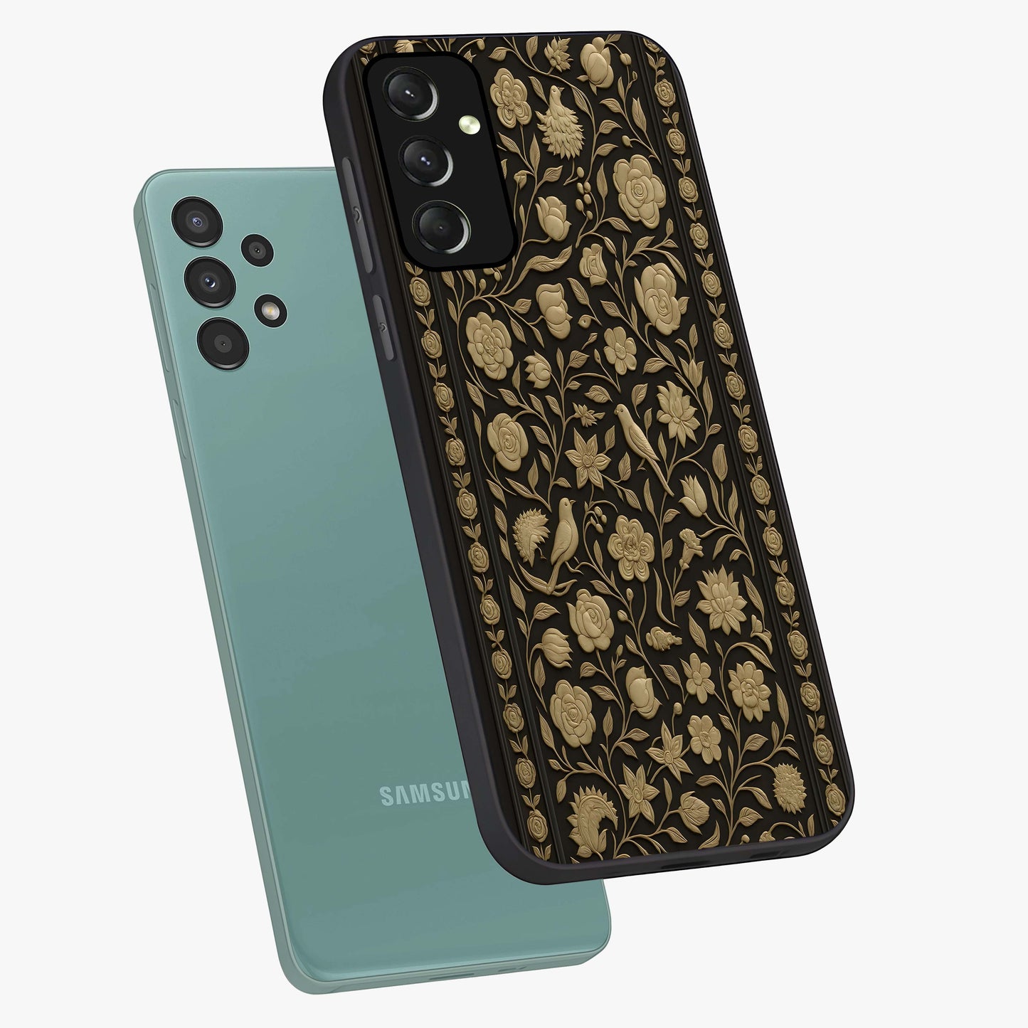 Golden Evil Eye Mandala Glass Case displayed in angled mockup highlighting protective evil eye symbol with golden mandala design.