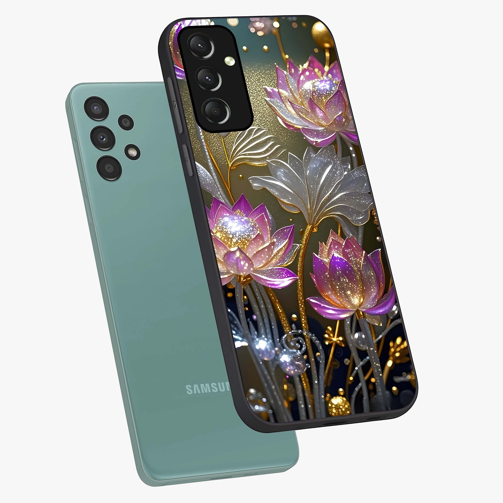 Golden Floral Majesty Glass Case displayed in angled mockup highlighting elegant flower design with royal golden aesthetic.