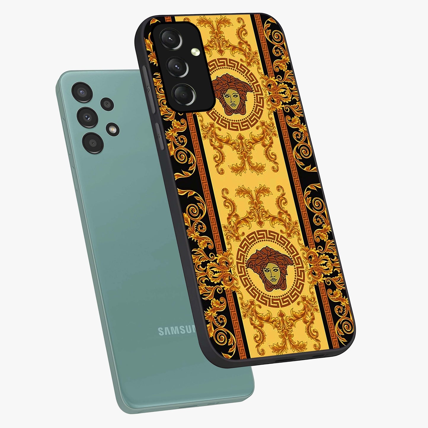 Golden Lotus Glow Glass Case displayed in angled mockup highlighting radiant lotus illustration with spiritual aesthetic.