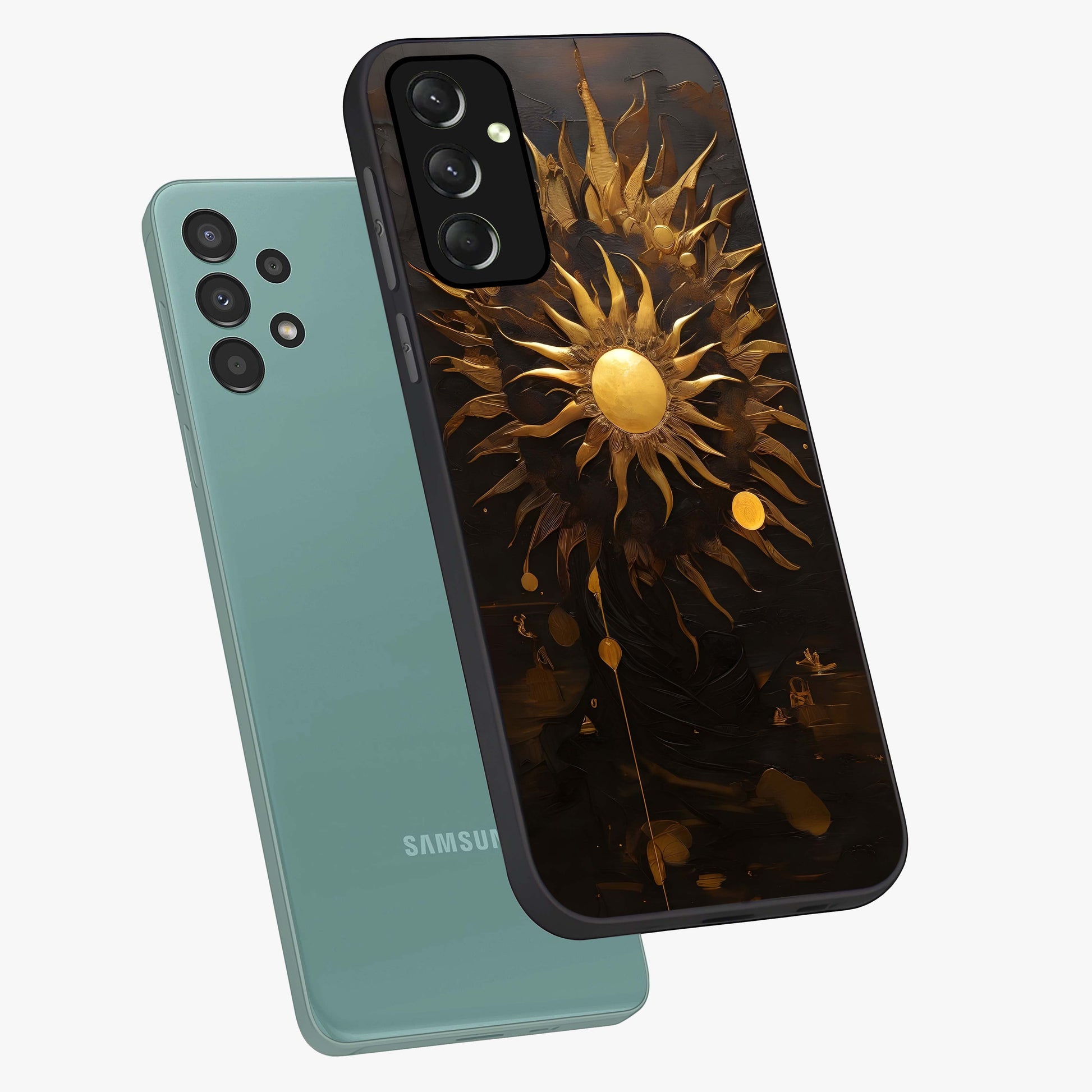 Golden Sun Majesty Glass Case displayed in angled mockup highlighting eerie shadow illustration with gothic aesthetic.