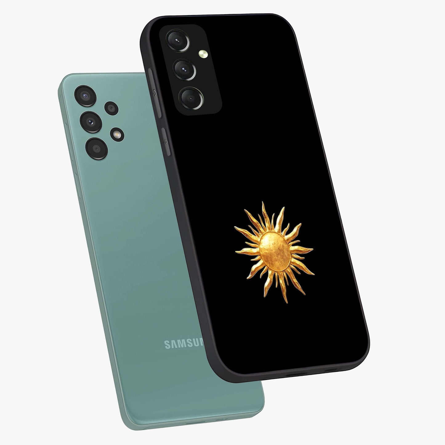 Golden Sun Minimalism Glass Case displayed in angled mockup highlighting eerie shadow illustration with gothic aesthetic.