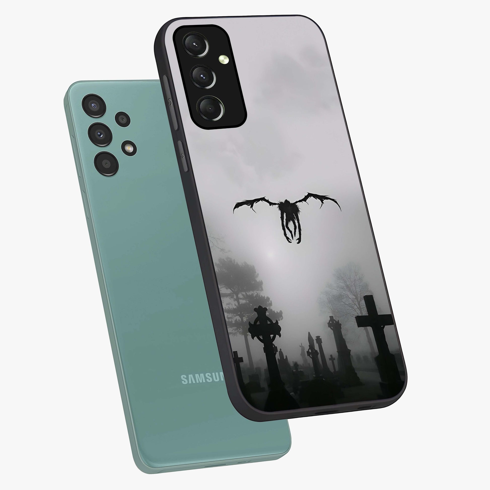 Graveyard Shadow Descent Glass Case displayed in angled mockup highlighting eerie shadow illustration with gothic aesthetic.