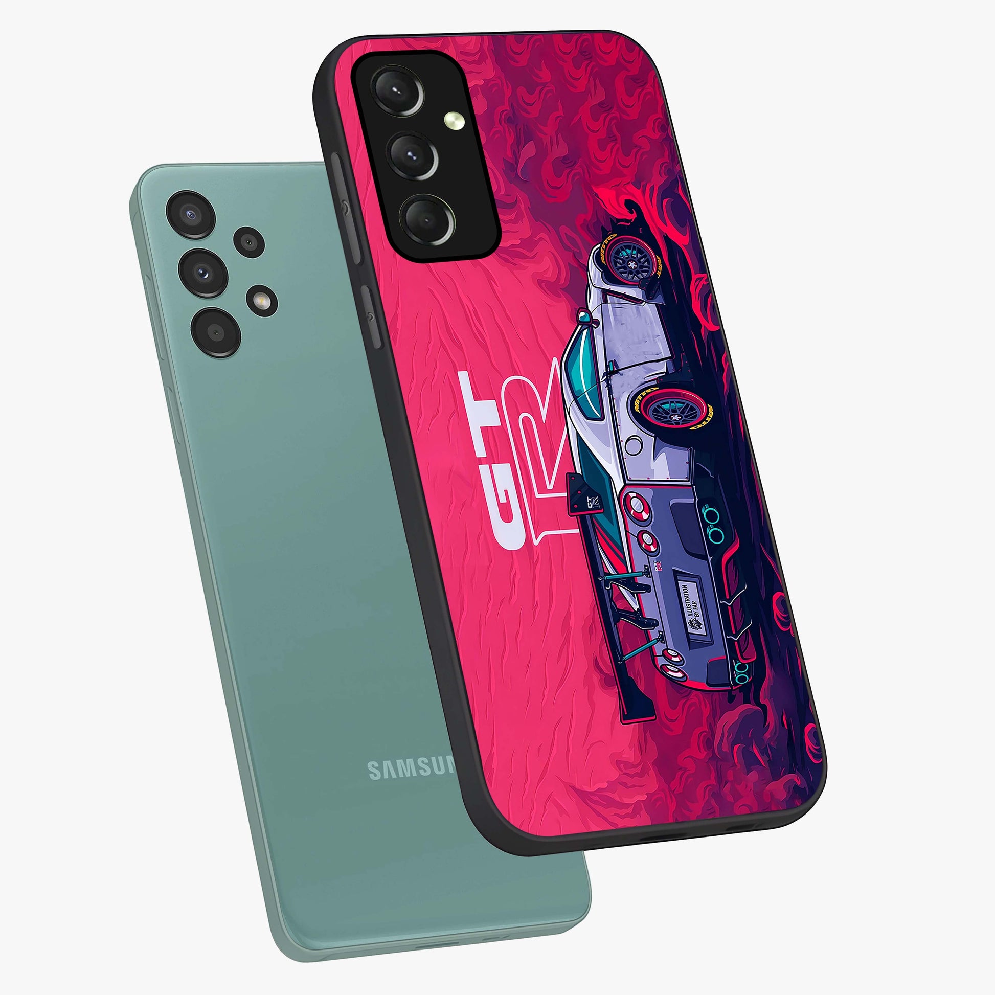 GT-R Car Pattern Glass Case displayed in angled mockup highlighting racing car graphic design with bold automotive aesthetic.