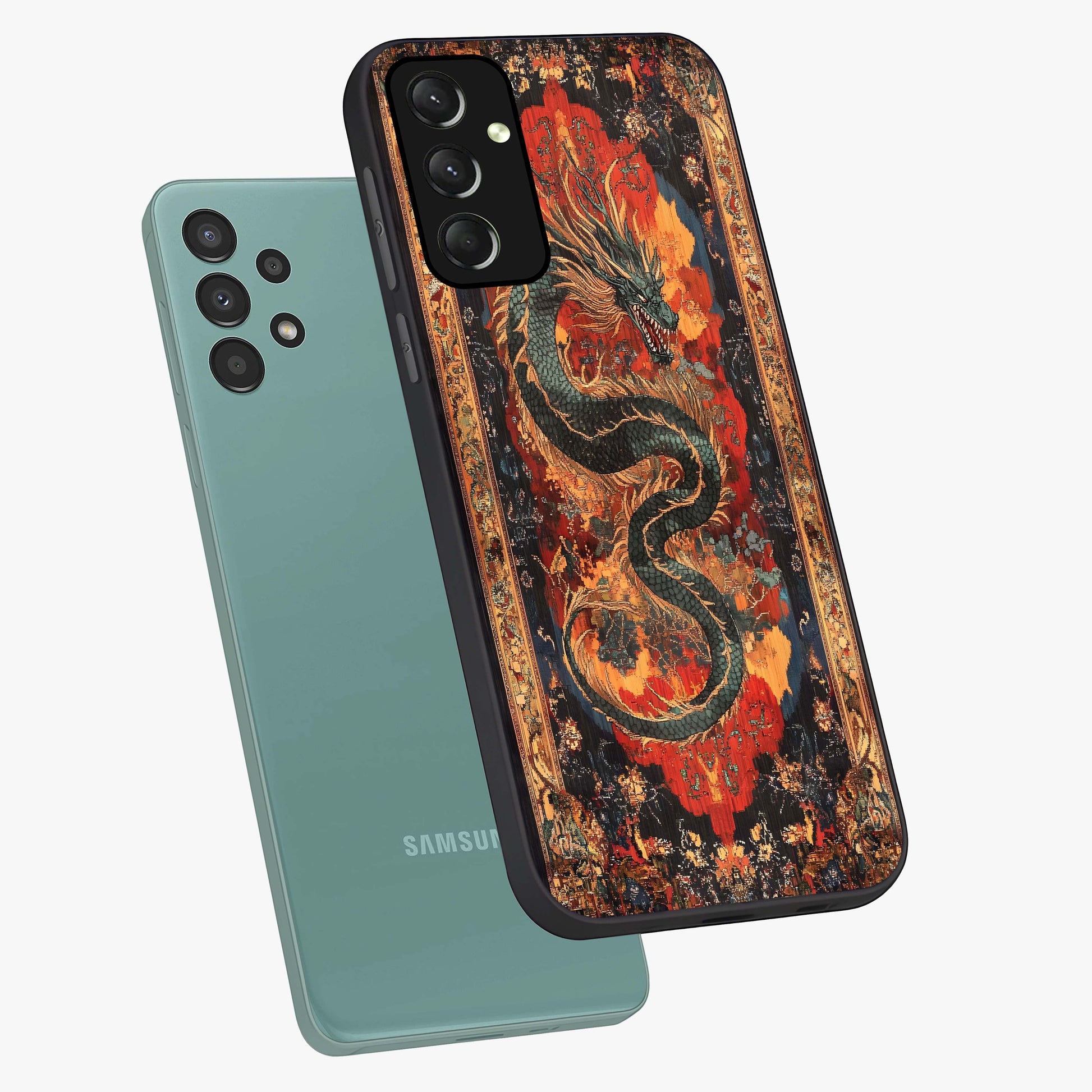 Inferno Dragon Soul Glass Case displayed in angled mockup highlighting powerful dragon illustration with inferno aesthetic.