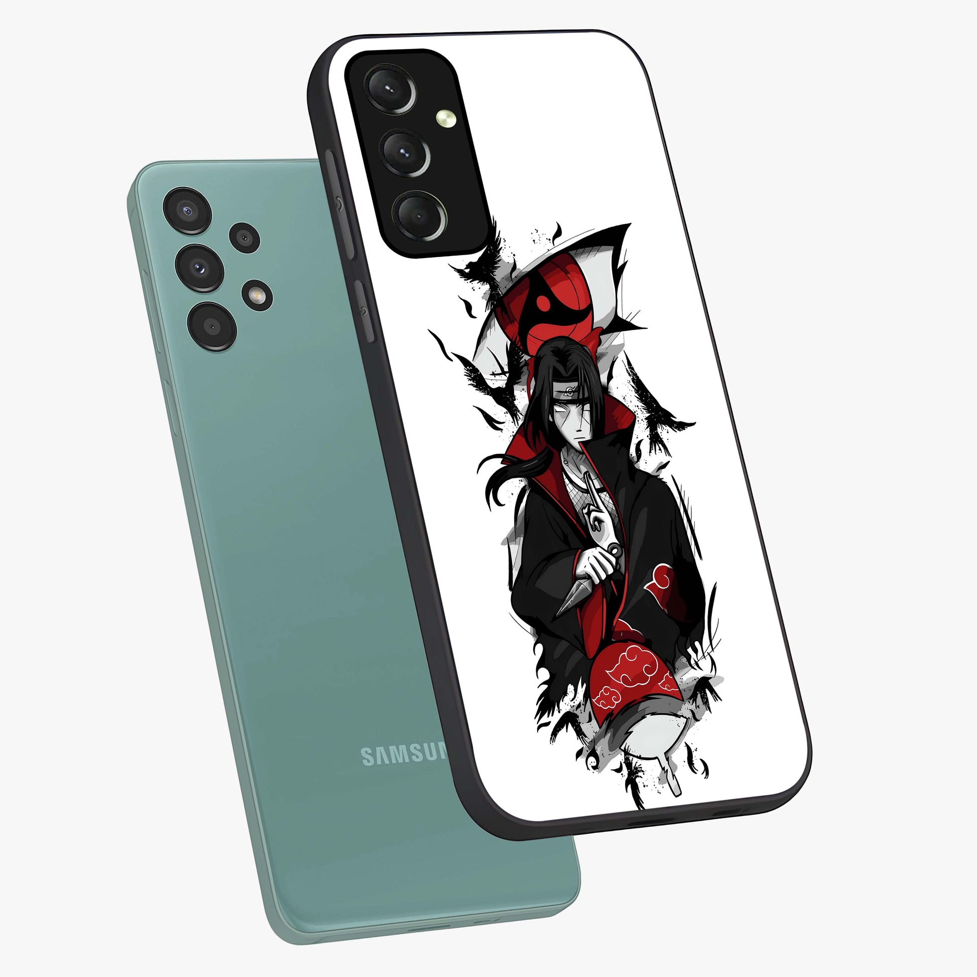 Itachi Limited Edition Naruto Anime Glass Case displayed in angled mockup highlighting dramatic anime illustration with bold action aesthetic.