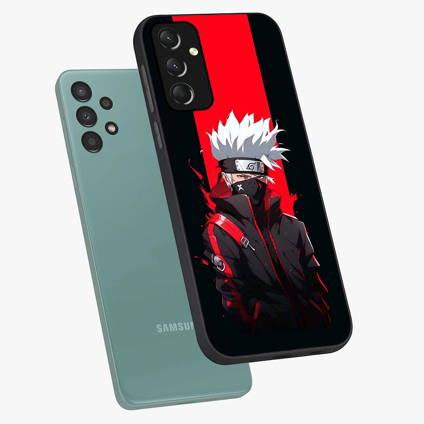 Kakashi Scarlet Shadow Glass Case displayed in angled mockup highlighting dramatic ninja illustration with scarlet themed aesthetic.
