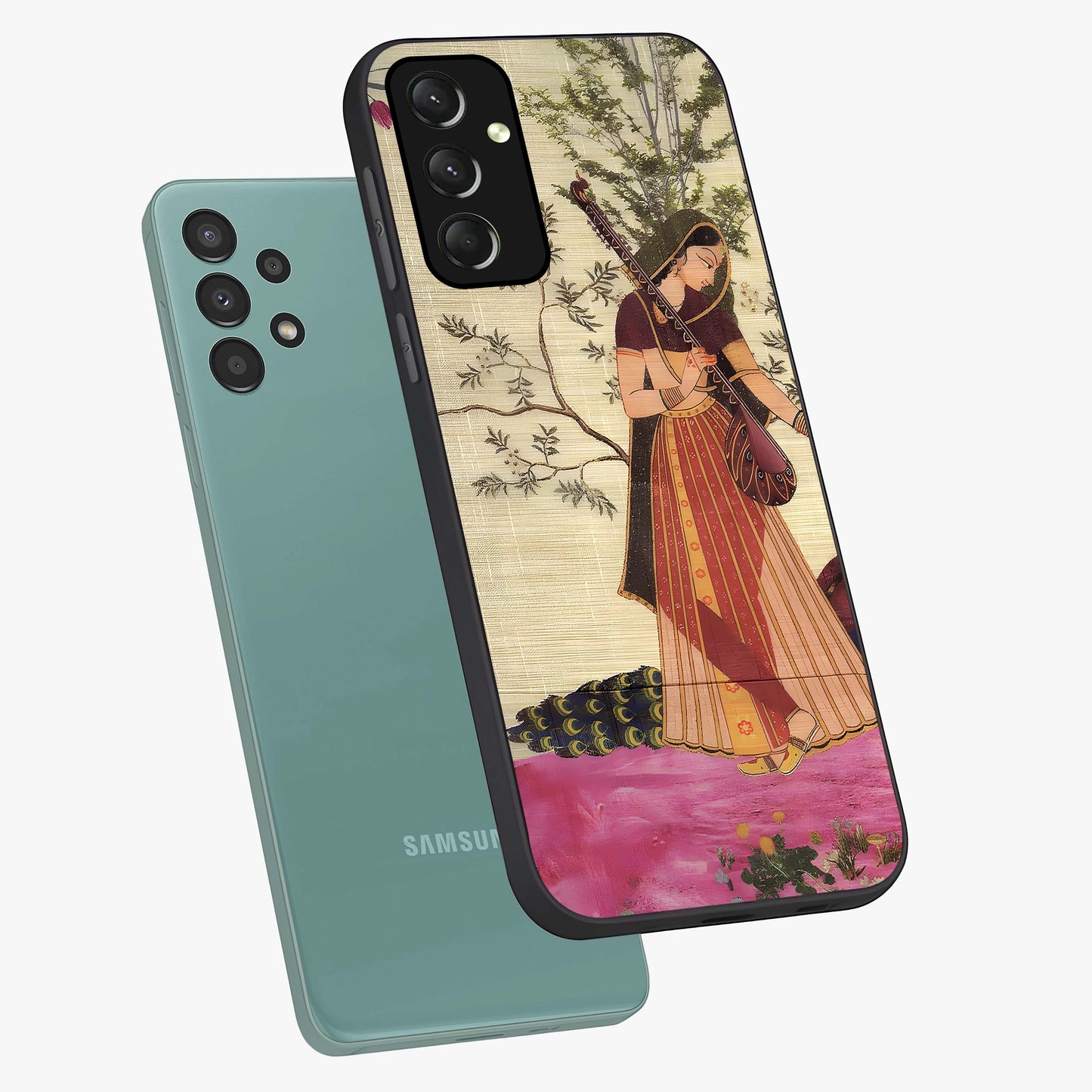 Lady With Veena Art Glass Case displayed in angled mockup highlighting graceful musical illustration with cultural artistic aesthetic.