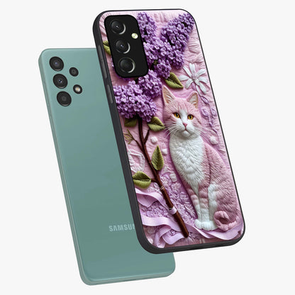 Lavender Cat Whimsy Glass Case displayed in angled mockup highlighting playful feline illustration with pastel lavender aesthetic.