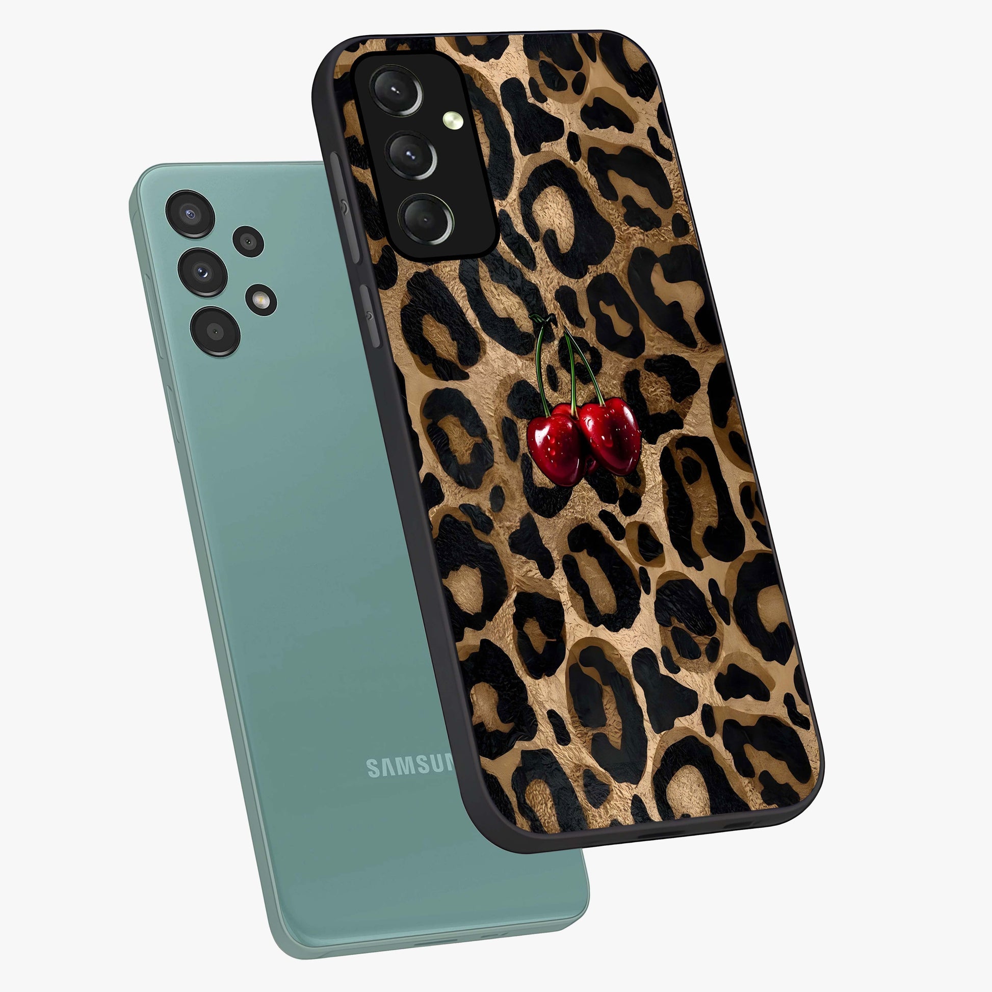 Leopard Wild Cherry Glass Case displayed in angled mockup highlighting bold animal print design with playful cherry aesthetic.