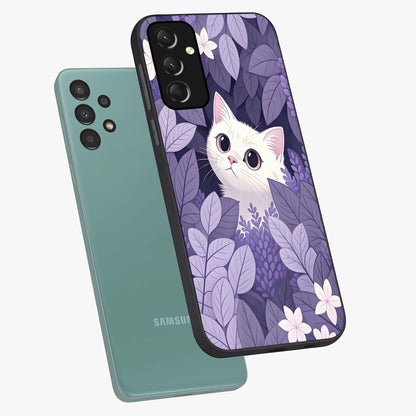 Lilac Hide Peek Cat Glass Case displayed in angled mockup highlighting playful feline illustration with lilac aesthetic design.