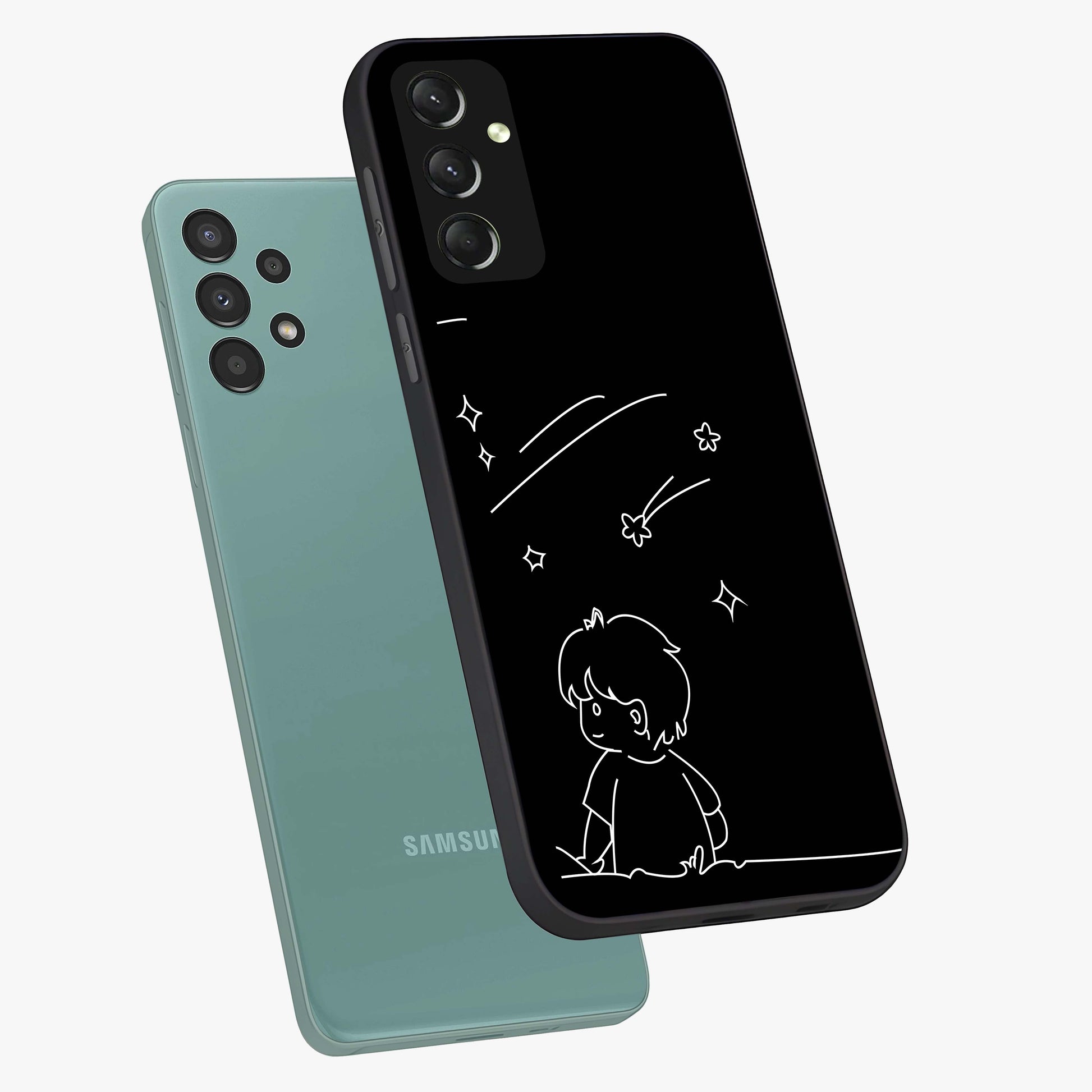 Line Art Boy With Shooting Stars Glass Case displayed in angled mockup highlighting elegant line art design with dreamy star aesthetic.