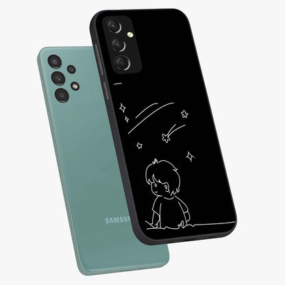 Line Art Boy With Shooting Stars Glass Case displayed in angled mockup highlighting elegant line art design with dreamy star aesthetic.