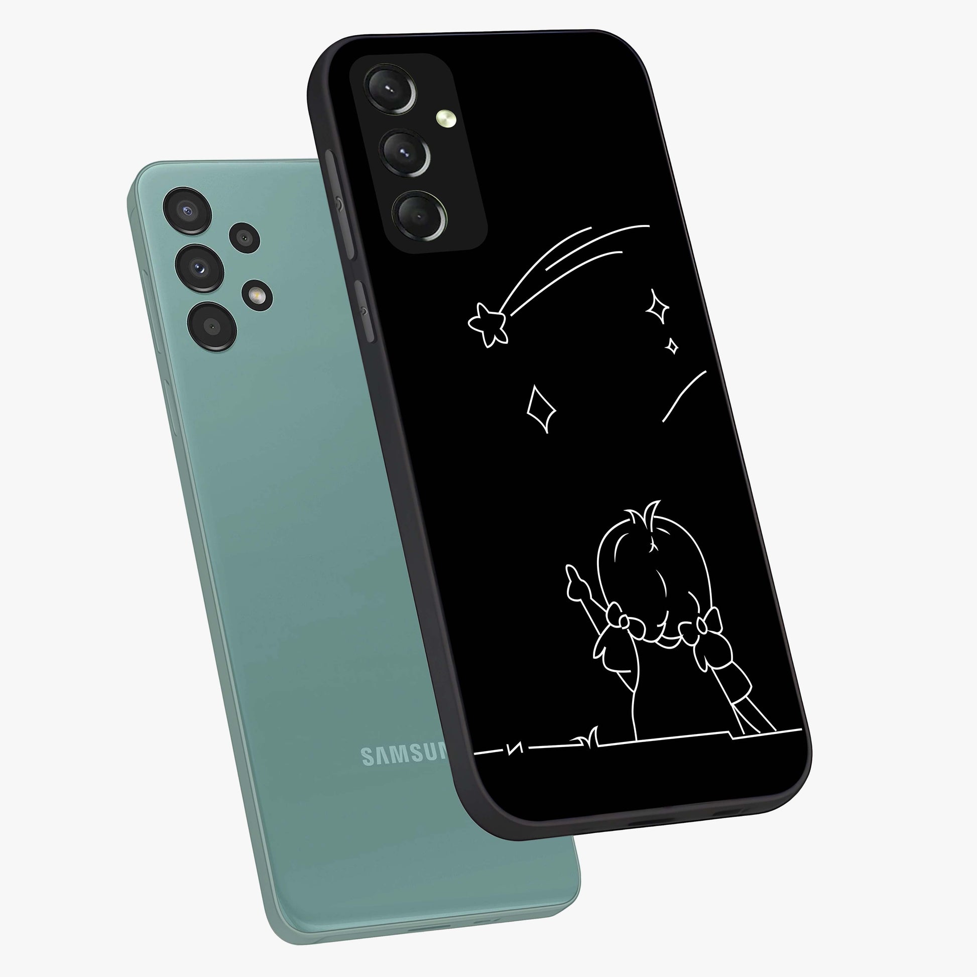 Line Art Girl With Shooting Stars Glass Case displayed in angled mockup highlighting elegant line art design with dreamy star aesthetic.